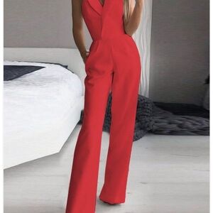 Red Pantsuit with Wide-Leg Cut and V-Neckline